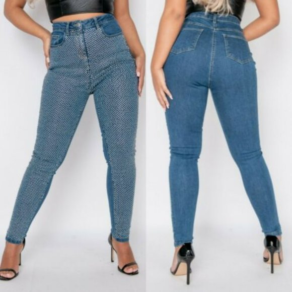 Denim - Blue High Waist Rhinestone Embellished Skinny Denim Jeans Pants